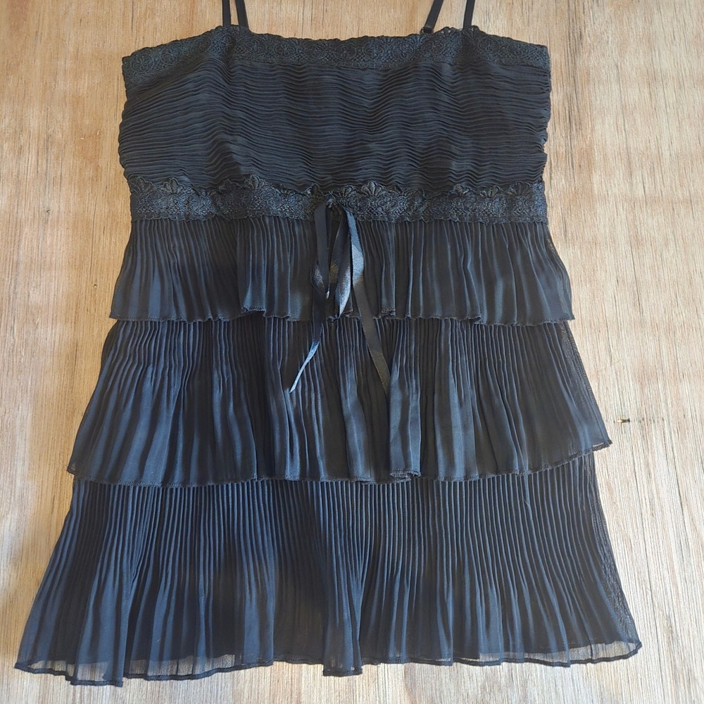 Black Tiered Pleated Lace Camisole Top Adjustable Straps Small Faisca Whimsigoth
